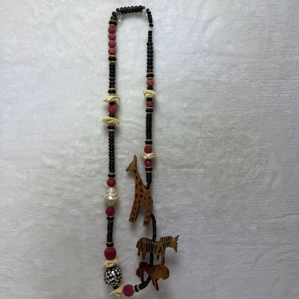 VTG African Animal Handmade Shell Lava‎ Rock Wood Bead Necklace